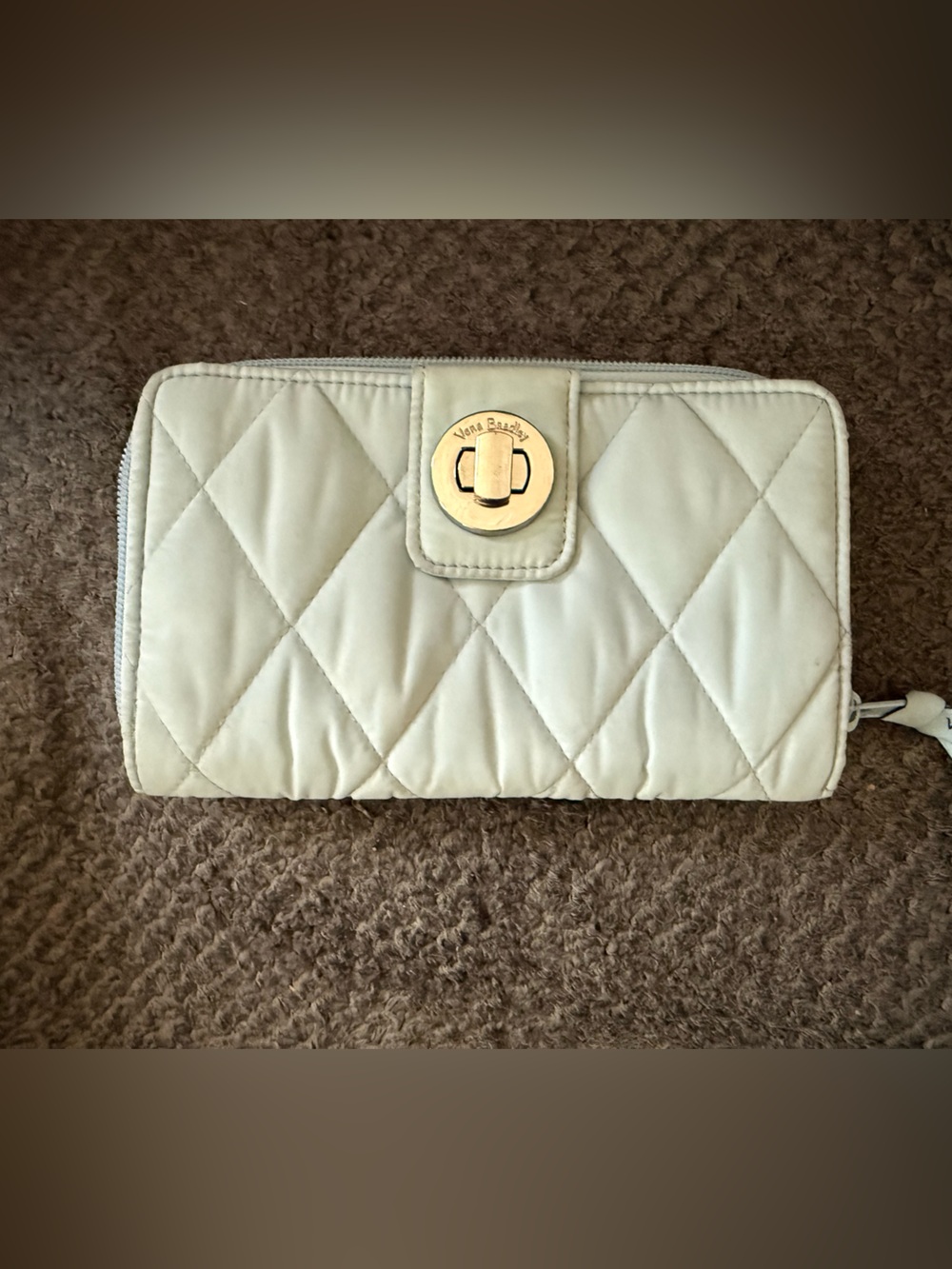 Vera Bradley Quilted Cream Zip-Around Wallet with Gold-Tone Turn Lock